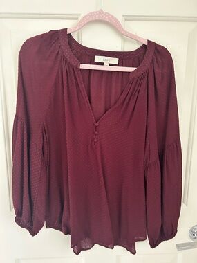 LOFT Burgundy V-Neck Button Peasant Blouse